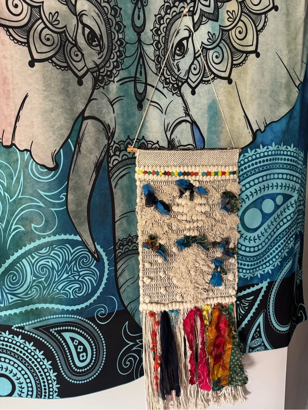 Handwoven Cream and Blue Textile Wall Hanging by